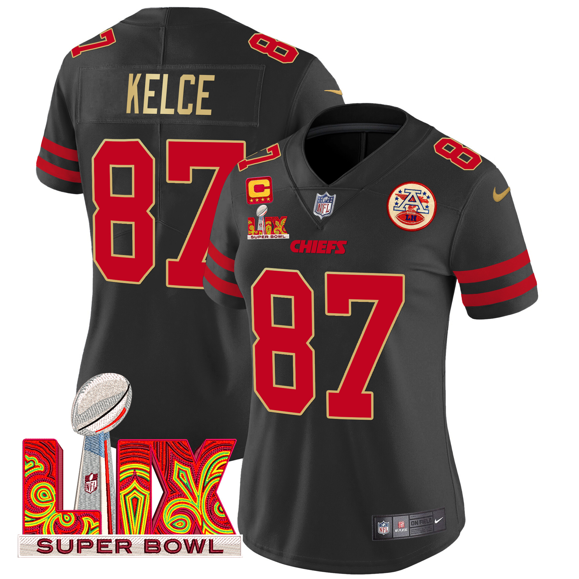 Women's Travis Kelce Kansas City Chiefs Super Bowl LIX Patch Gold Trim Vapor Limited Black Jersey - All Stitched