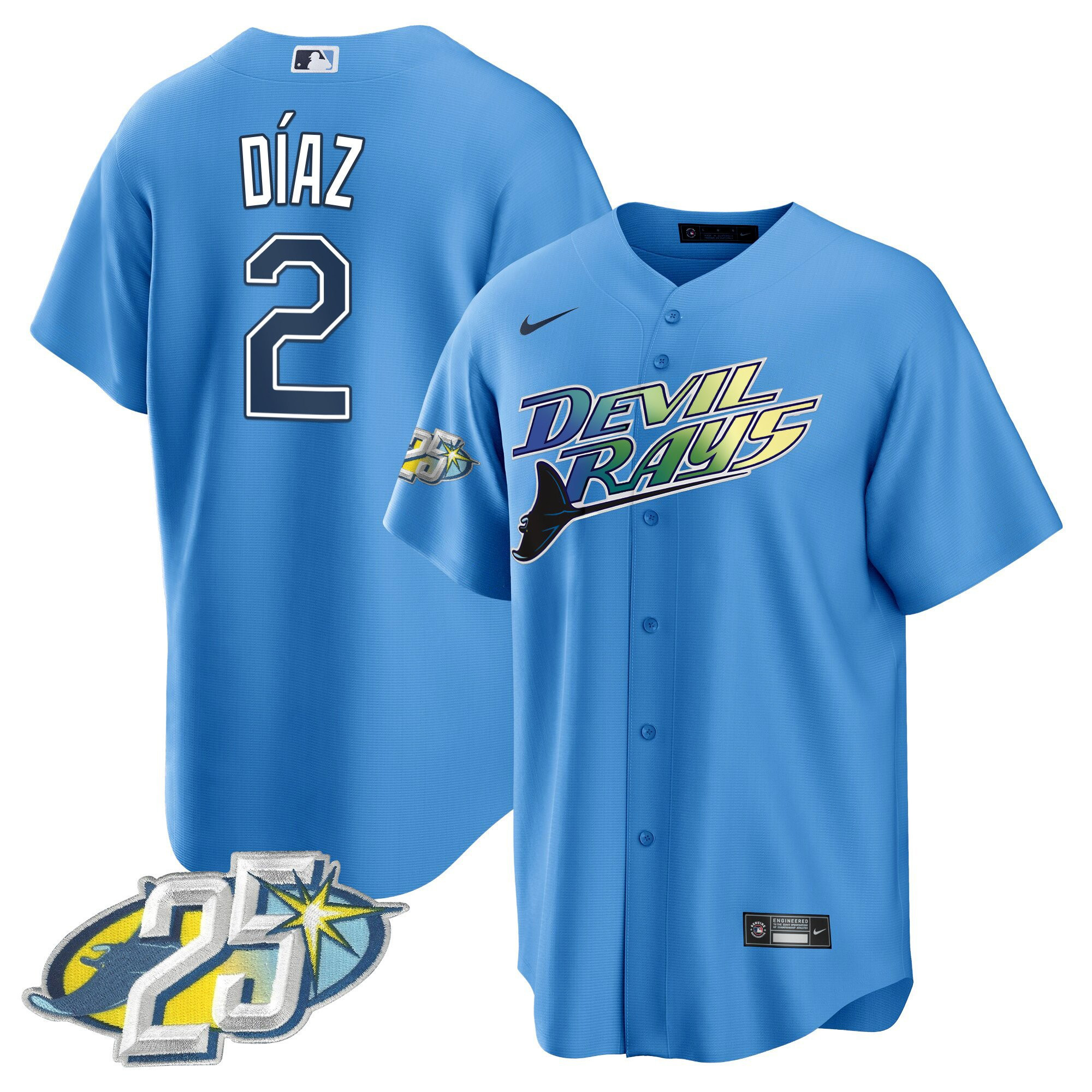 Yandy Diaz Men's Tampa Bay Rays 25th Anniversary Patch Cool Base Light Blue Jersey - All Stitched