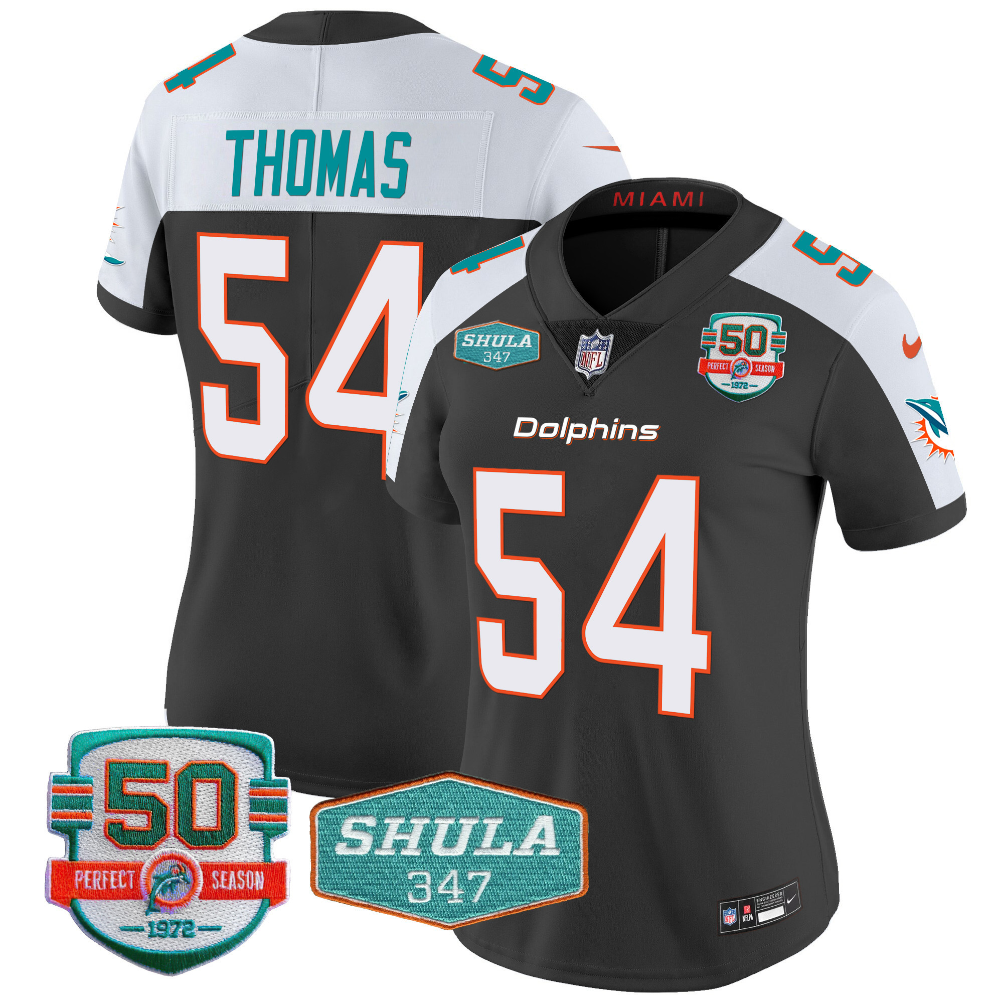 Zach Thomas Women's Miami Dolphins Shula 347 Patch Vapor Black Alternate Jersey - All Stitched 